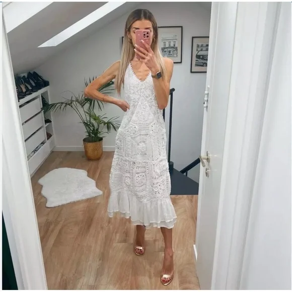 ZARA WHITE CONTRAST CROCHET KNIT MIDI DRESS Ruffled Hem $169 - Picture 2 of 8
